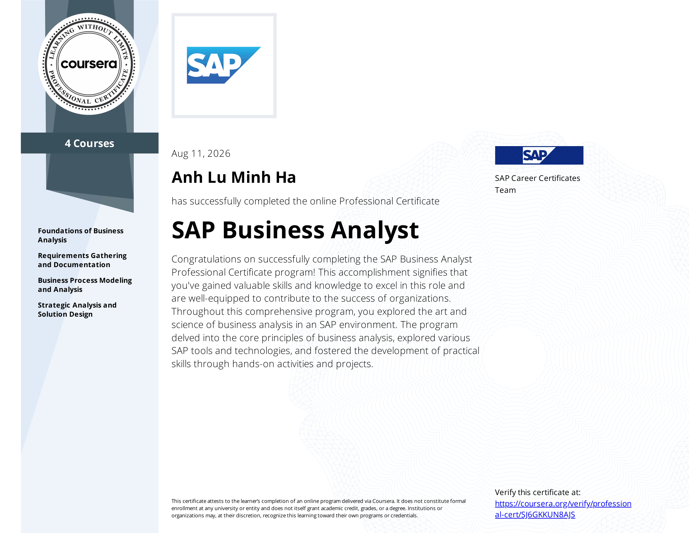 Chứng chỉ chuyên môn SAP Business Analyst trên Coursera