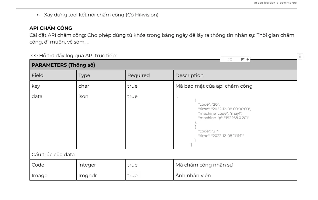 Bảng tham số API chấm công