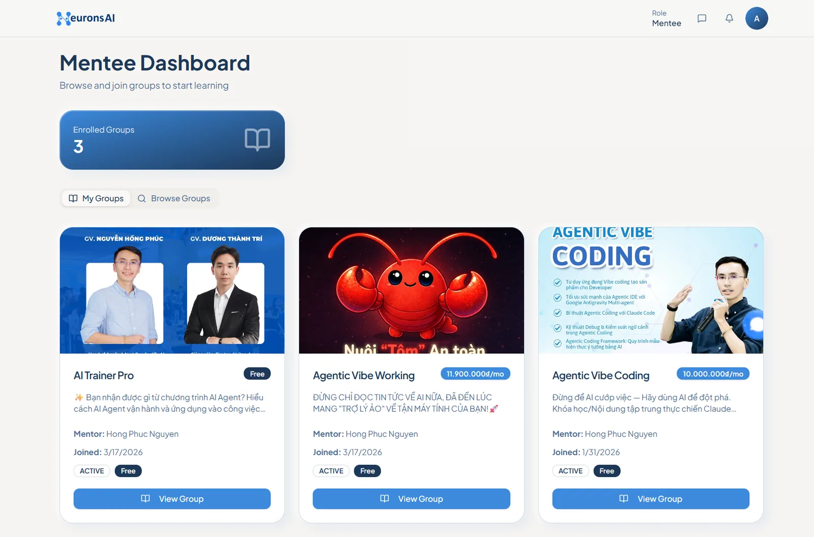 Bảng điều khiển người học trên MentorX