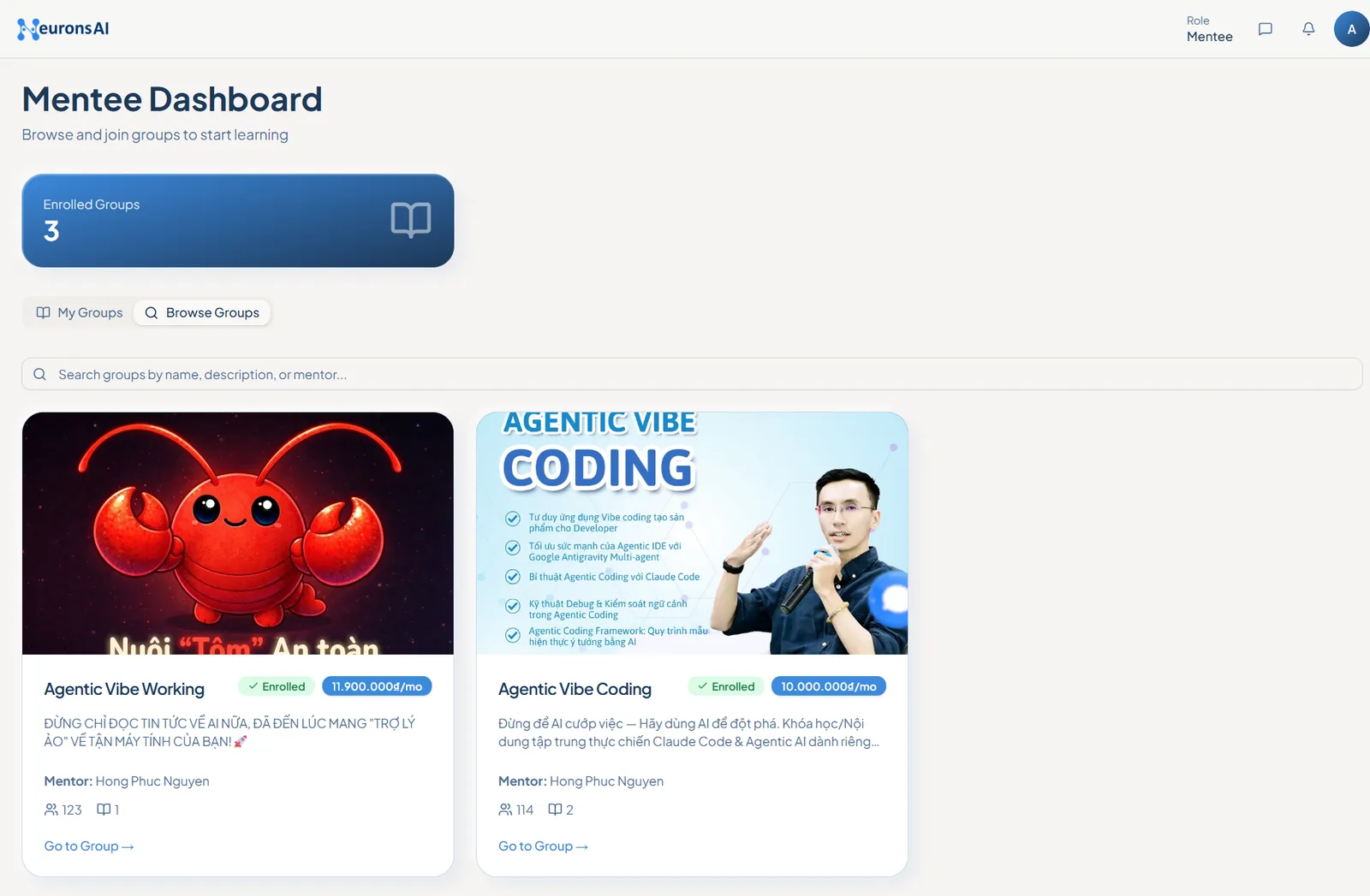 Danh sách nhóm học trên MentorX